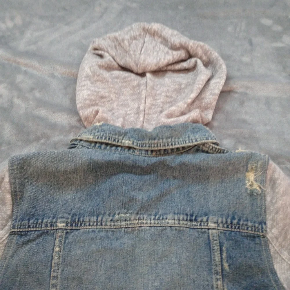 Free People Denim Jacket Women's Small Hooded Trucker Knit Hybrid Distressed - Picture 15 of 16